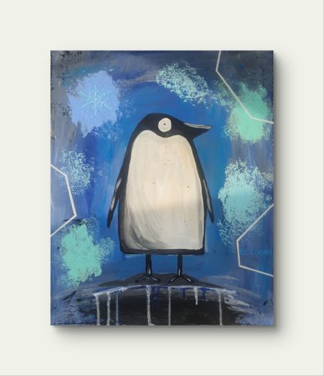 Ein stilisierter Pinguin auf einem blauen Hintergrund mit farbigen Akzenten.