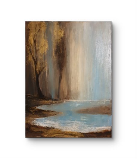 Abstrakte Landschaft mit einer ruhigen Wasserfläche und sanften Farbverläufen.