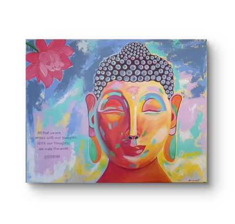 Bunte Buddha-Darstellung mit floralen Motiven und inspirierendem Zitat im Hintergrund.