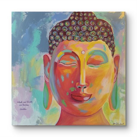 Bunte Buddha-Darstellung mit geschlossenen Augen und großen Ohrringen.